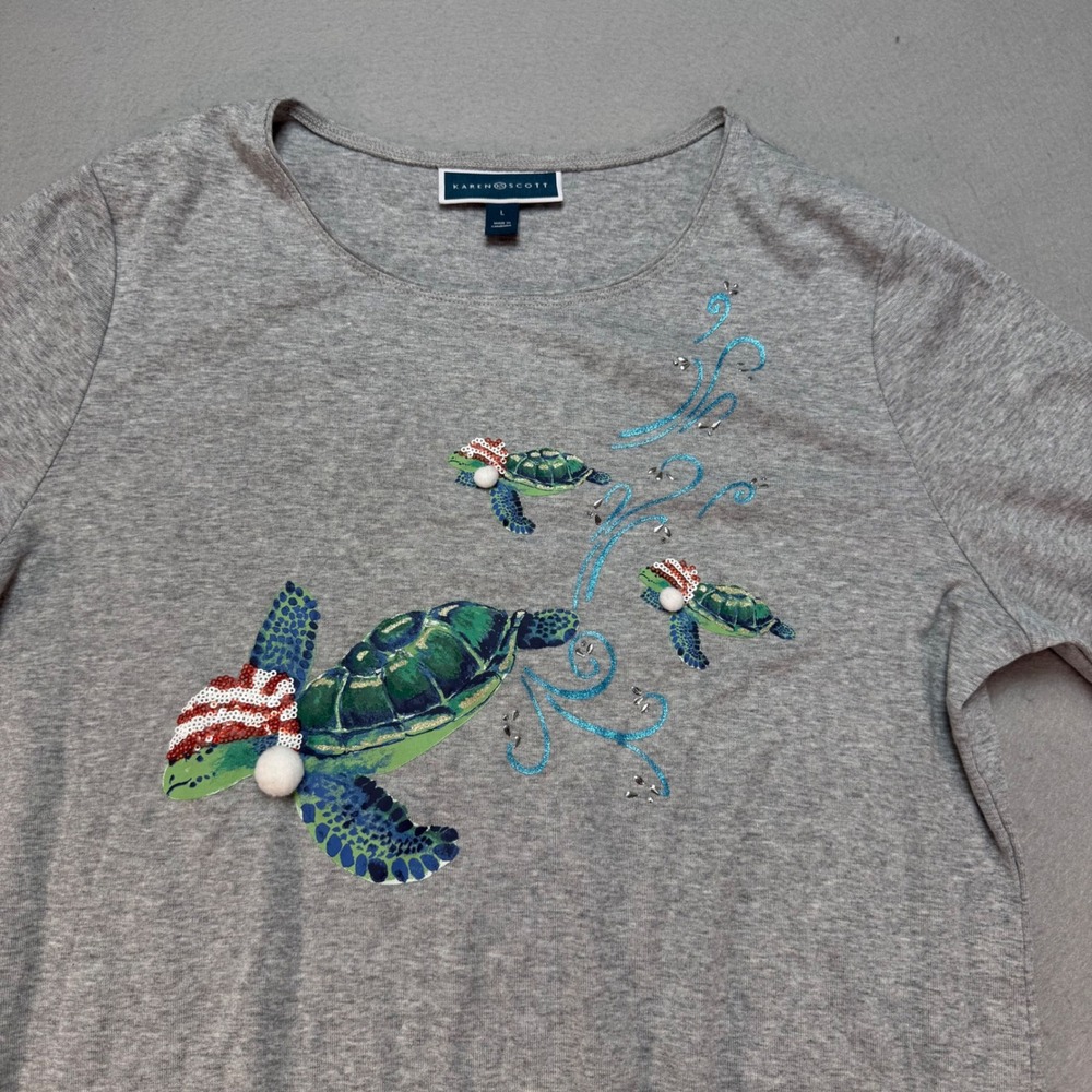 Karen Scott Turtle Graphic Tee Holiday Whimsy Crew Neck‎ Top Large NWT